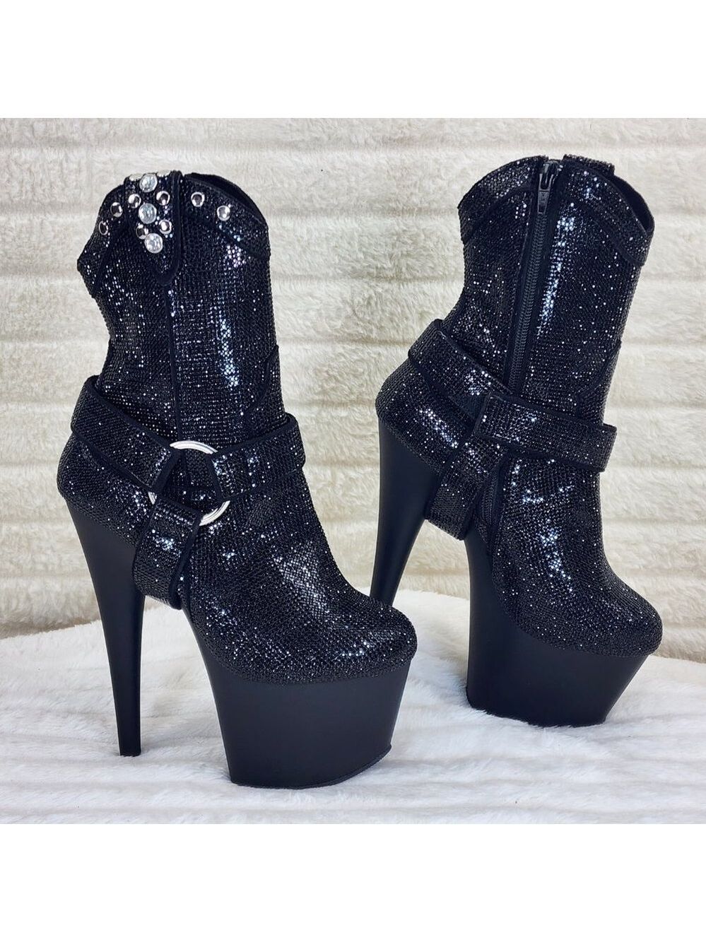 Black Rhinestone High Heel Platform Sexy Western Cowgirl Ankle Boots 1029 - Picture 8 of 10